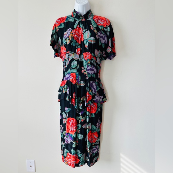 Beautiful Vintage Floral Print Flattering Fit Midi Dress By Karen Alexander Sz 6 - Picture 2 of 12